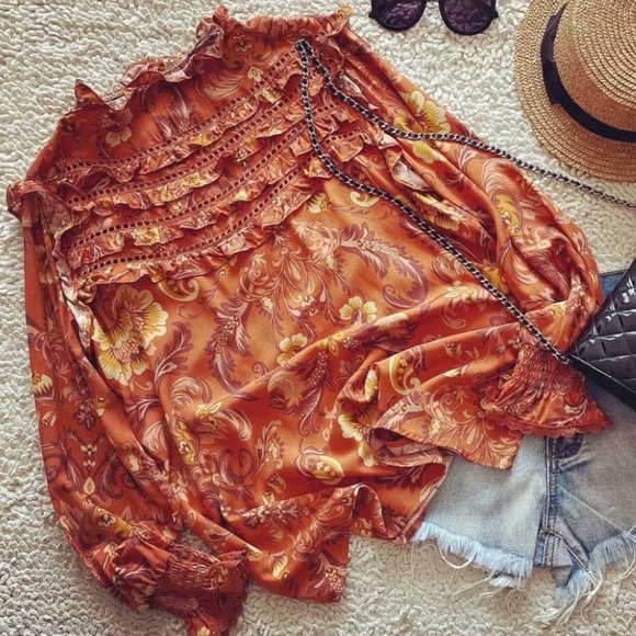 SOLD OUT Rust Vintage Style Floral Ruffle Boho Blouse - Picture 2 of 6